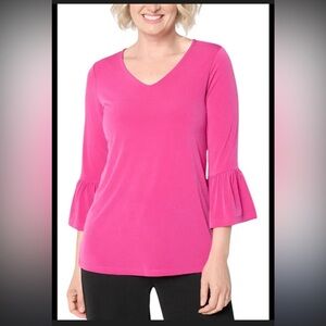 Susan Graver Fuchsia V-Neck Blouse with Ruffled Sleeves
